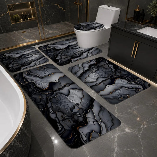 3/5Pcs Black Gold Marble Bathroom Mat Set, Bathroom Rugs Set, Nonslip Bathroom Rugs, Non-Slip Absorbent Bath Mat, Quick Drying Mat, Toilet Lid Cover & U-Shaped Mat, Modern Bathroom Decor, Marble Texture Accessory, Bathroom Floor Mat
