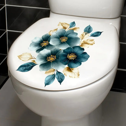 Blue Floral Art Toilet Sticker, Elegant Bathroom Wall Decor, Warm Home Decoration, Single Piece, Stylish and Comfortable Design, Bathroom House Decor