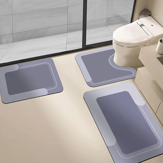 Housego 3PCS Diatomite Bath Mat Set - Absorbent, Quick Drying, Anti-Slip Rubber Backed, Soft Comfortable, Easy Clean for Bathtub, Sink, Kitchen - Fiber-Free, Fast Water Soak, Machine Washable, Silicone Black