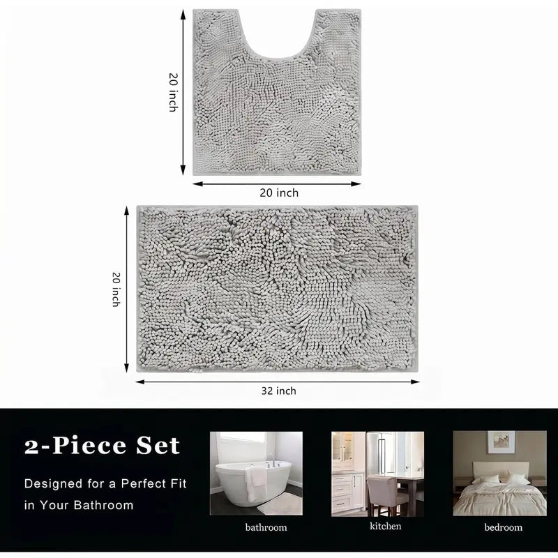 Light Gray Bathroom Mat Set (2-Piece), Synthetic Dense Pile, Super Water Absorbent Quick Dry, Sturdy PVC Base, Non-Slip, Machine Washable, Rectangle for Bathtubs