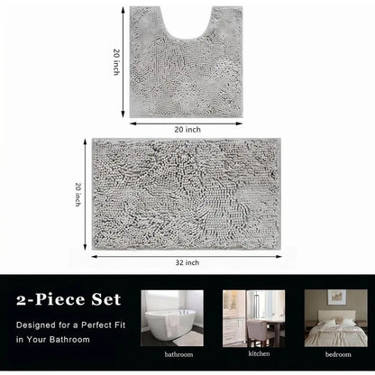 Light Gray Bathroom Mat Set (2-Piece), Synthetic Dense Pile, Super Water Absorbent Quick Dry, Sturdy PVC Base, Non-Slip, Machine Washable, Rectangle for Bathtubs