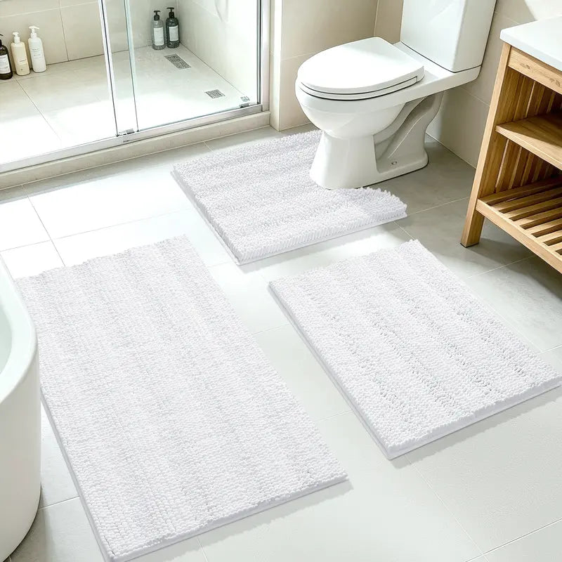 ACCUMTEK 3-Piece Soft Striped Rectangle Chenille Bathroom Rug Set - Stays Put PVC Grip, Absorbent, Plush Texture Shaggy Weave, Machine Washable for Easy Upkeep, Bathroom Accessory, High Pile