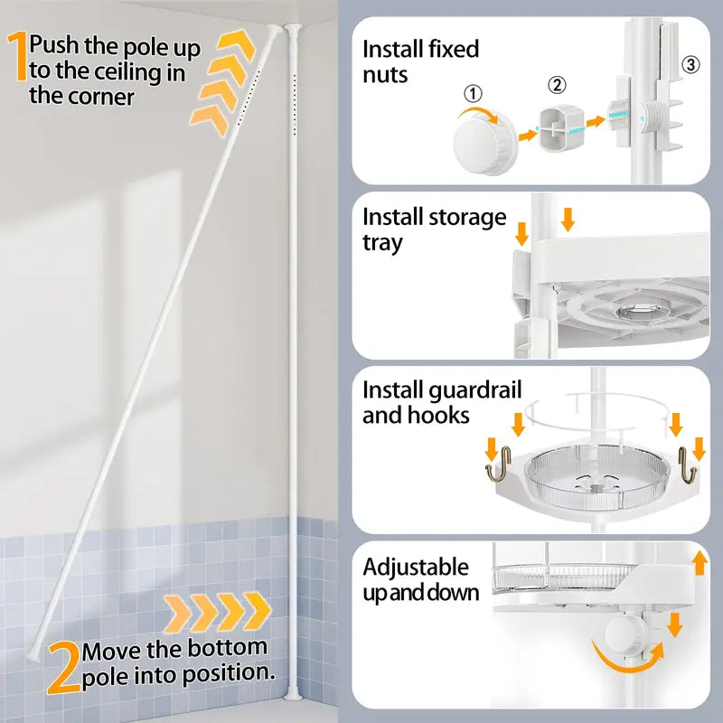 MAONAME 360° Rotating Corner Shower Caddy Tension Pole Organizer - Modern Bathroom Accessory, 4-Tier Adjustable Rustproof Metal Pole, Plastic Shelves with Safety Guardrail, Drainage Keeps Shelves Drier for Organizing Bathroom