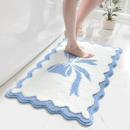 Pink and White Scalloped Edge Microfiber Pet Bath Mat - 18x25 in Rubber Slip-Resistant Bathroom Rug, Soft, Super Absorbent, Quick Drying, Machine Washable Dog & Cat Training Aid (Bow-Center Mother’s Day Gift)