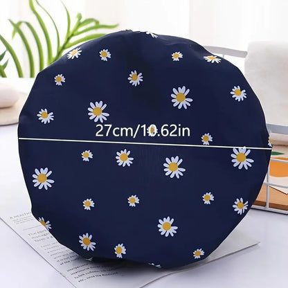 Women's Reusable Double-Layer Floral Shower Cap - Adult, One Size, Adjustable Daisy-Print Bonnet with Elastic Band for Hair Protection, Spa Use