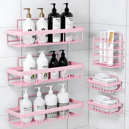 PHANCIR 6 PCS Corner Shower Caddy, No Drilling Stainless Steel Shower Storage Rack with Hooks & Toothpaste Holder for Bathroom, Pink