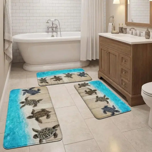 1/2/3pcs Traditional Rectangle Cushioned Anti-Slip Bath Mats - Home Supplies Mat Rug, Turtle Pattern Marine Theme Decor, Soft Comfortable Surface for Fatigue Relief (Bathroom & Kitchen Use)