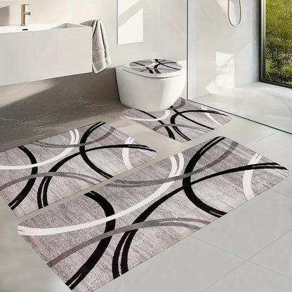 3/4pcs Grey Black White Curved Line Flannel Bathroom Mat Set, Non-Slip Absorbent Bath Rugs, U-Shaped Toilet Cover, Washable Complete Shower Mat Kit