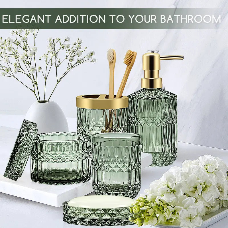 5-Pcs Green Glass Bath Accessory Kit - Vanity Countertop Organizer with Hand Soap Dispenser, Soap Dish, Toothbrush Holder, Jar, Bathroom Decoration Accessories, Vanity Decor, Green Cozy Ambiance, Mother's Day Housewarming Gift Set