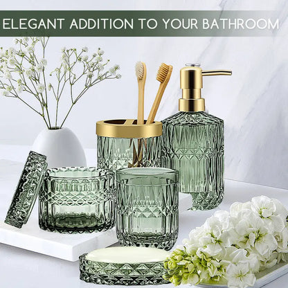 5-Pcs Green Glass Bath Accessory Kit - Vanity Countertop Organizer with Hand Soap Dispenser, Soap Dish, Toothbrush Holder, Jar, Bathroom Decoration Accessories, Vanity Decor, Green Cozy Ambiance, Mother's Day Housewarming Gift Set