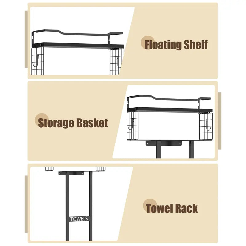 Wall Mounted Towel Rack with Floating Shelf, Black Metal Bathroom Towel Storage Organizer, Holds 6+ Rolled Towels, Multi-Purpose Towel Holder for Small Bathrooms accessories, Spa & Guest Rooms