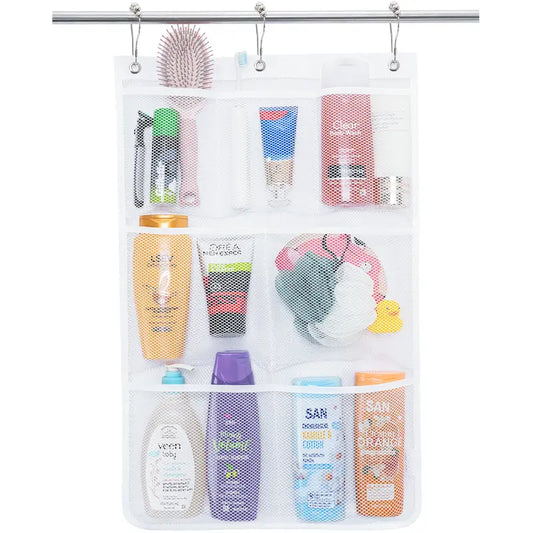Lifewit 1 Pack Rectangular Polyester Mesh Hanging Shower Caddy - Modern Bathroom Accessory with 3 Metal Hooks & Sticky Hook, Foldable Durable Tear-Resistant Quick-Drying Breathable Portable Lightweight Space-Saver for Back-to-School Bath Storage