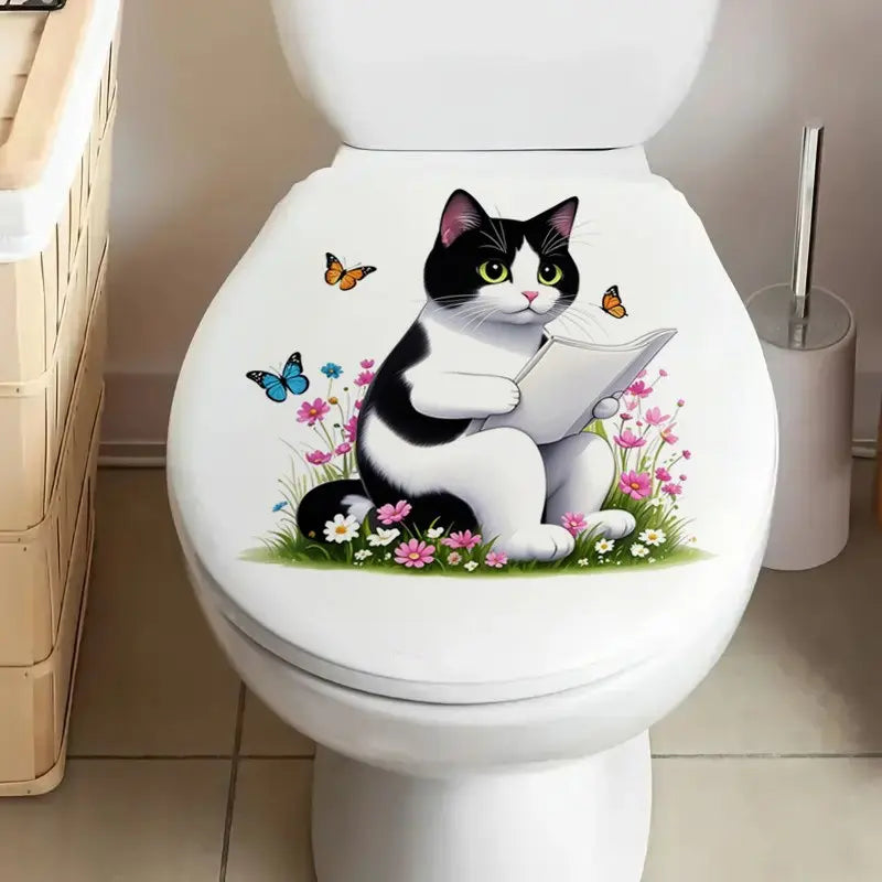 Cute Cat Reading Newspaper Toilet Sticker, Bathroom Accessory, Restroom Accessories, Creative Bathroom Decor, Self-Adhesive, Home Aesthetic, Fun & Beautiful Design