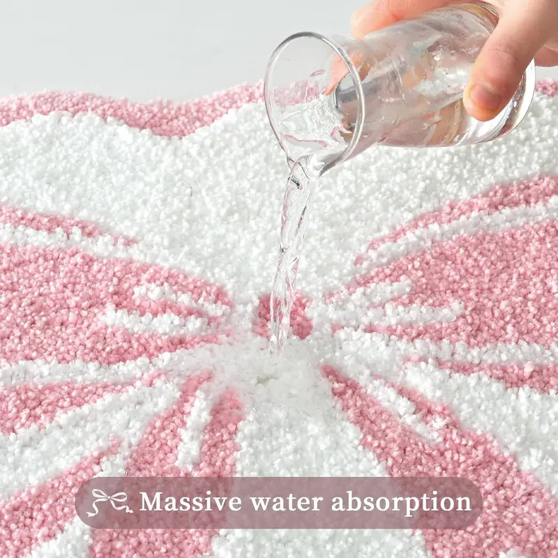 Pink and White Scalloped Edge Microfiber Pet Bath Mat - 18x25 in Rubber Slip-Resistant Bathroom Rug, Soft, Super Absorbent, Quick Drying, Machine Washable Dog & Cat Training Aid (Bow-Center Mother’s Day Gift)