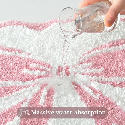 Pink and White Scalloped Edge Microfiber Pet Bath Mat - 18x25 in Rubber Slip-Resistant Bathroom Rug, Soft, Super Absorbent, Quick Drying, Machine Washable Dog & Cat Training Aid (Bow-Center Mother’s Day Gift)