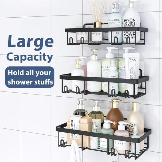【Fall Essentials】5-Piece Black Stainless Steel Shower Caddy Organizer Set – No Drill Strong Adhesive Rustproof Waterproof Wall Mount | Floating Shelves Soap Dish Toothbrush Shampoo Holder | Aesthetic Cozy Home Renter Friendly Bathroom Upgrade Must Have