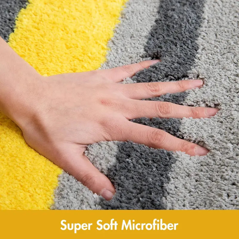 Home Supplies Striped Microfiber-Rubber Rectangle Fluffy Bath Mat, 16x24 in Yellow-Grey, Non-Slip Rubber, Absorbent, Soft Plush, Quick Dry, Machine Washable, Low-Maintenance, Bathroom Tub/Entryway Floor Decor, Stripes