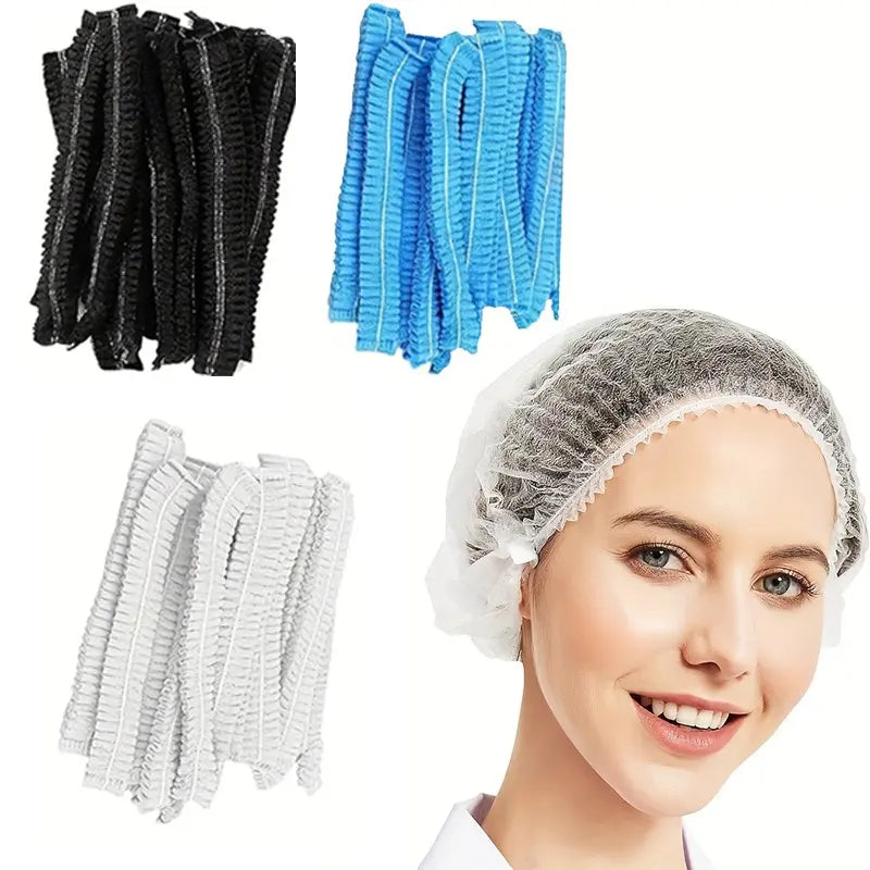 100 disposable non-woven fluffy hats, hair net elastic hats, hair caps, shower caps for beauty salons, spas, and dust-free workspaces, 21 inches