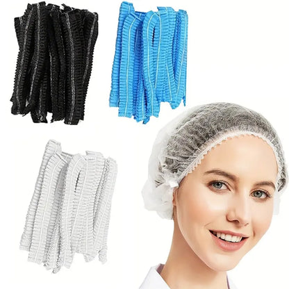 100 disposable non-woven fluffy hats, hair net elastic hats, hair caps, shower caps for beauty salons, spas, and dust-free workspaces, 21 inches