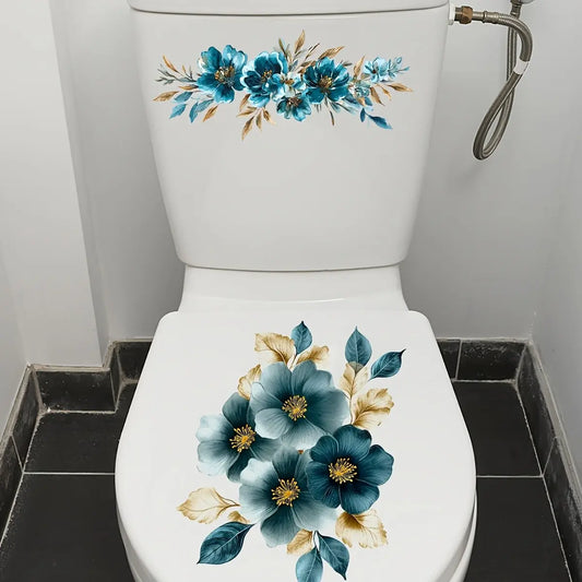 Blue Floral Art Toilet Sticker, Elegant Bathroom Wall Decor, Warm Home Decoration, Single Piece, Stylish and Comfortable Design, Bathroom House Decor
