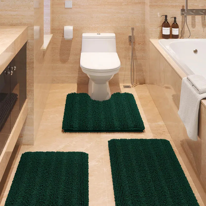 Comfydew Striped 3-Piece Non-Slip Chenille Bathroom Rug Set, Non-Slip PVC Backing Adds Safety, Ultra Soft Deep Pile Soak Absorbent Shaggy Mats for Bathroom Floor, Bedroom