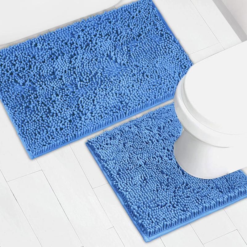 Light Gray Bathroom Mat Set (2-Piece), Synthetic Dense Pile, Super Water Absorbent Quick Dry, Sturdy PVC Base, Non-Slip, Machine Washable, Rectangle for Bathtubs