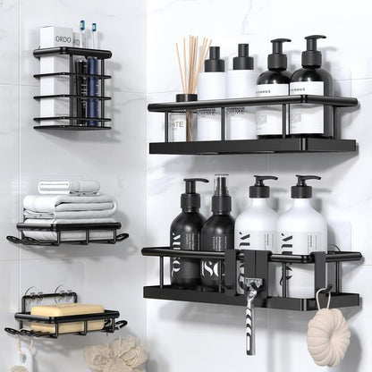Black Wall-Mounted Steel Shower Organizer Rack Set (2pcs/5pc Black), Bathroom Decor with Tempered Glass Removable Floating Shelves, No-Drill Self-Adhesive Baskets, Hollow Drain, Rustproof Lightweight Easy-Clean Home Bathroom Supplies, Different Sizes