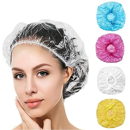 100pcs Disposable Shower Caps, Plastic Elastic Bath Caps, Waterproof Shower Hair Cover, Home Goods, Bathroom, Shower Essentials, Shower Cap Set