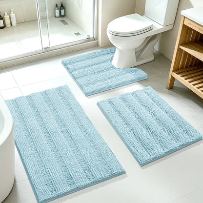 ACCUMTEK Striped Bathroom Rug Set Ultra Soft, Non Slip Chenille Toilet Mat, Absorbent Plush Shaggy Bath Mats for Bathroom, Bedroom, Kitchen