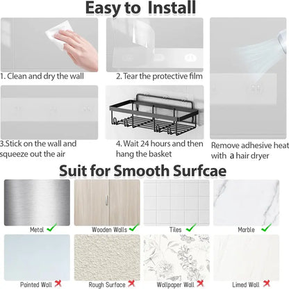 【Fall Essentials】5-Piece Black Stainless Steel Shower Caddy Organizer Set – No Drill Strong Adhesive Rustproof Waterproof Wall Mount | Floating Shelves Soap Dish Toothbrush Shampoo Holder | Aesthetic Cozy Home Renter Friendly Bathroom Upgrade Must Have