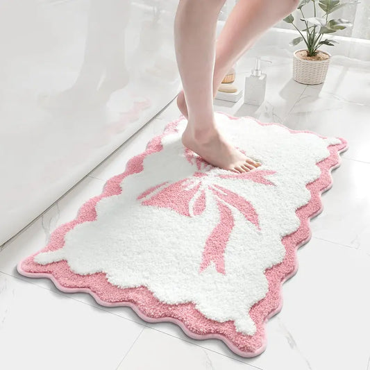 Pink and White Scalloped Edge Microfiber Pet Bath Mat - 18x25 in Rubber Slip-Resistant Bathroom Rug, Soft, Super Absorbent, Quick Drying, Machine Washable Dog & Cat Training Aid (Bow-Center Mother’s Day Gift)