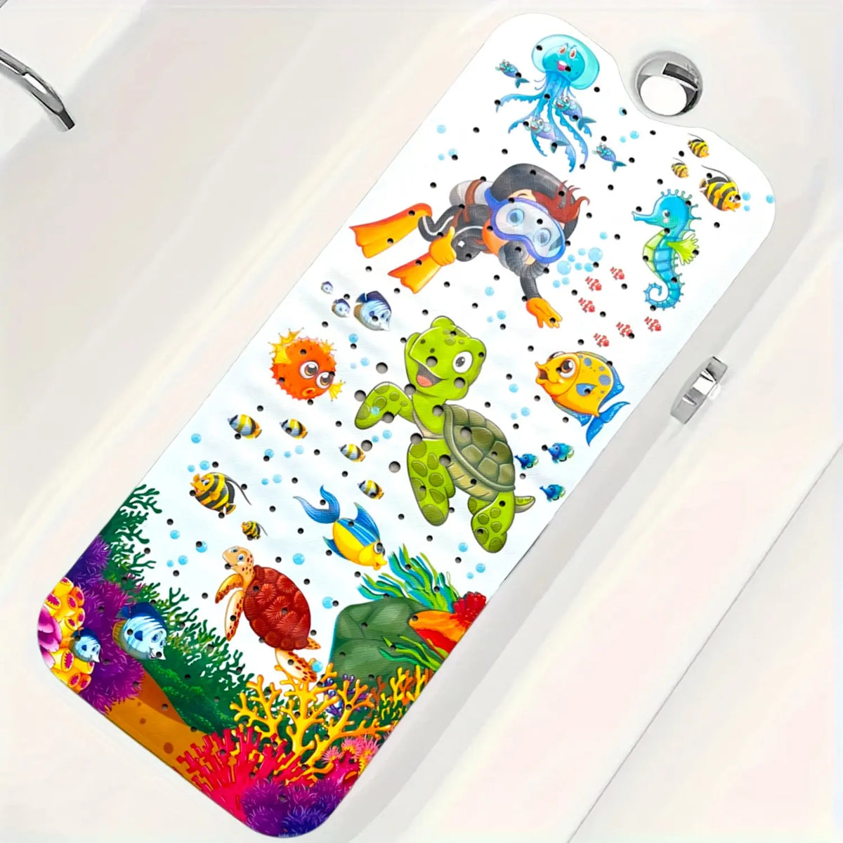 1pc Baby Bath Mat for Tub Kids Cute Fun Bath Mat Non Slip Bathtub Mat Extra Long 40X16 Inch Shower Mat Toddler Anti Slip Bathroom Tub Mat with Suction Cups & Drain Holes (Sea World) Sea Turtles and Divers, Machine Washable, Turtle Diver, Bath Matt