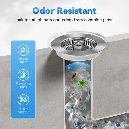 JOMST 3-in-1 Kitchen Sink Drain Strainer Stainless Steel Sink Plug Deodorizing Anti-Clog Basket Strainer for US Standard 3-1/2 Inch Drains 304 Stainless Steel Quality