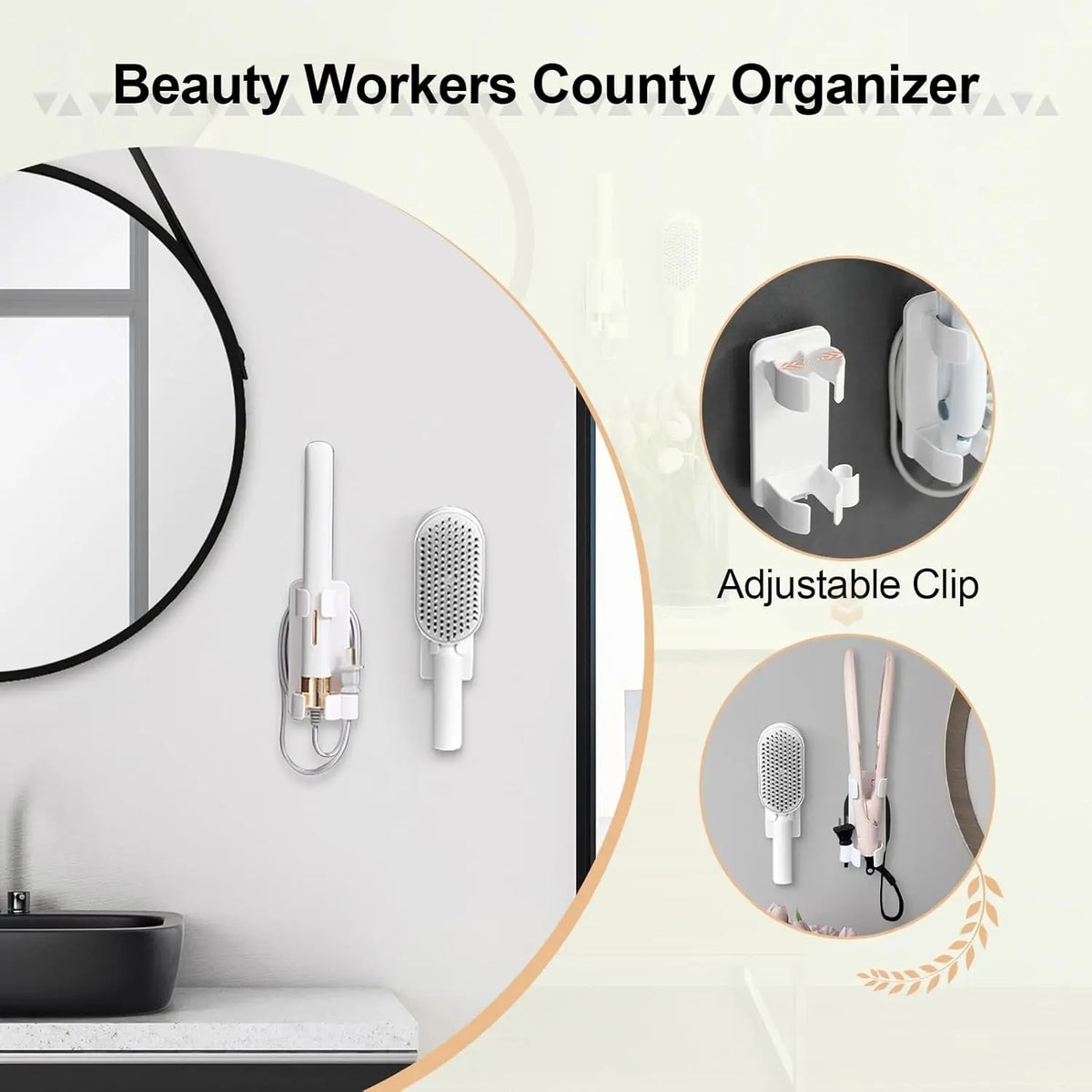 Premium Wall-Mounted No Drill Hair Tool Organizer, Heat Resistant Blow Dryer Holder, Space-Saving Wall Storage for Bathroom Bedroom Kitchen Vanity, Bathroom Organizing Accessories