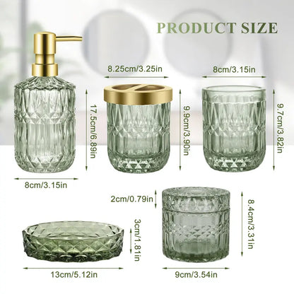5-Pcs Green Glass Bath Accessory Kit - Vanity Countertop Organizer with Hand Soap Dispenser, Soap Dish, Toothbrush Holder, Jar, Bathroom Decoration Accessories, Vanity Decor, Green Cozy Ambiance, Mother's Day Housewarming Gift Set