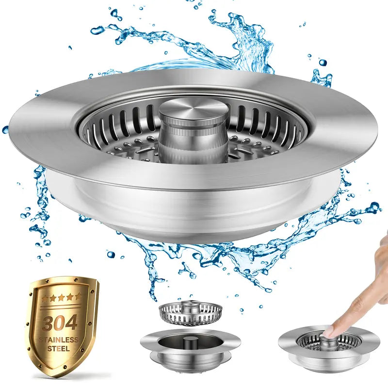 JOMST 3-in-1 Kitchen Sink Drain Strainer Stainless Steel Sink Plug Deodorizing Anti-Clog Basket Strainer for US Standard 3-1/2 Inch Drains 304 Stainless Steel Quality