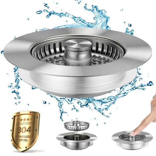 JOMST 3-in-1 Kitchen Sink Drain Strainer Stainless Steel Sink Plug Deodorizing Anti-Clog Basket Strainer for US Standard 3-1/2 Inch Drains 304 Stainless Steel Quality