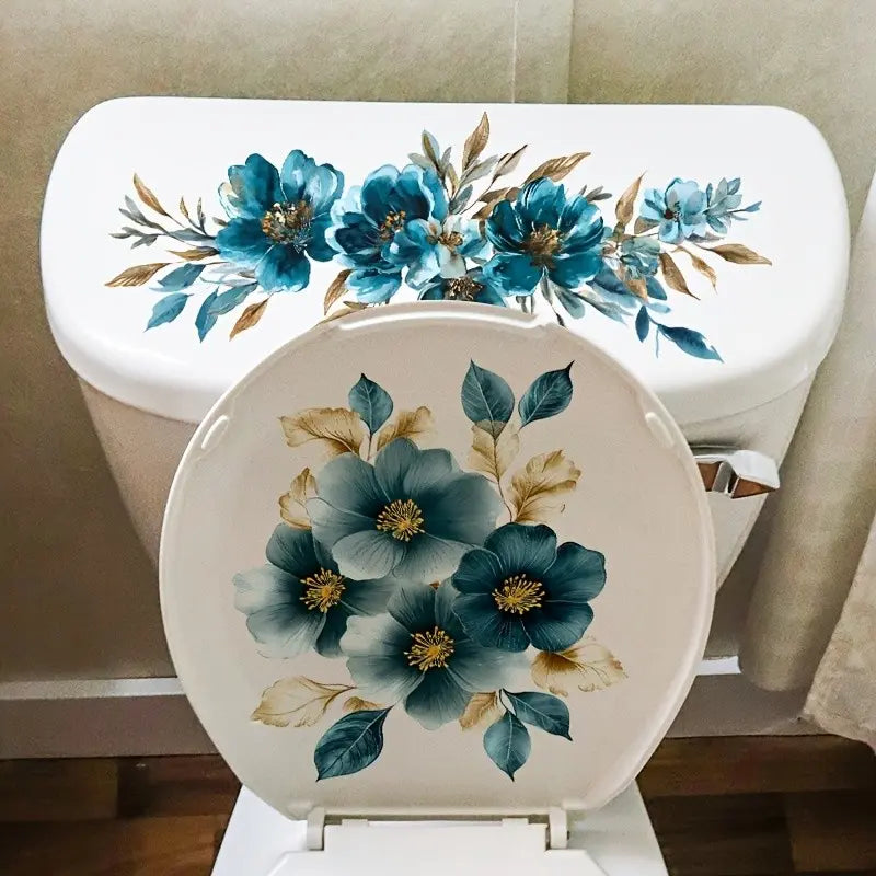 Blue Floral Art Toilet Sticker, Elegant Bathroom Wall Decor, Warm Home Decoration, Single Piece, Stylish and Comfortable Design, Bathroom House Decor