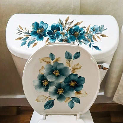 Blue Floral Art Toilet Sticker, Elegant Bathroom Wall Decor, Warm Home Decoration, Single Piece, Stylish and Comfortable Design, Bathroom House Decor