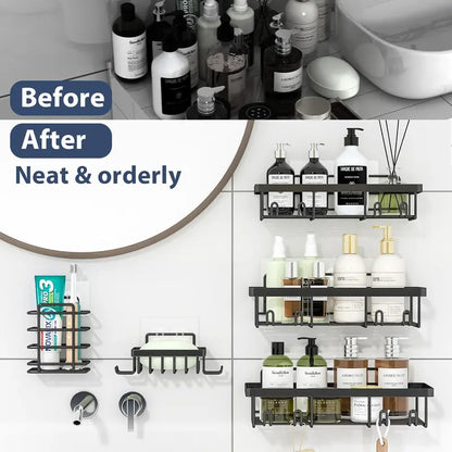 【Fall Essentials】5-Piece Black Stainless Steel Shower Caddy Organizer Set – No Drill Strong Adhesive Rustproof Waterproof Wall Mount | Floating Shelves Soap Dish Toothbrush Shampoo Holder | Aesthetic Cozy Home Renter Friendly Bathroom Upgrade Must Have