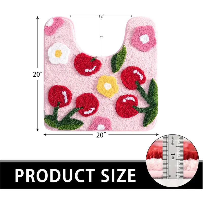 Pink Cherry Toilet Rug & Mat U-Shaped 20"x20" - Soft Microfiber Contour Bath Rug Absorbent Non-Slip Bathroom Toilet Rugs Plush Bathroom Mat for Toilet Base Machine Washable Shaggy Bath Decor