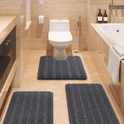Comfydew Striped 3-Piece Non-Slip Chenille Bathroom Rug Set, Non-Slip PVC Backing Adds Safety, Ultra Soft Deep Pile Soak Absorbent Shaggy Mats for Bathroom Floor, Bedroom