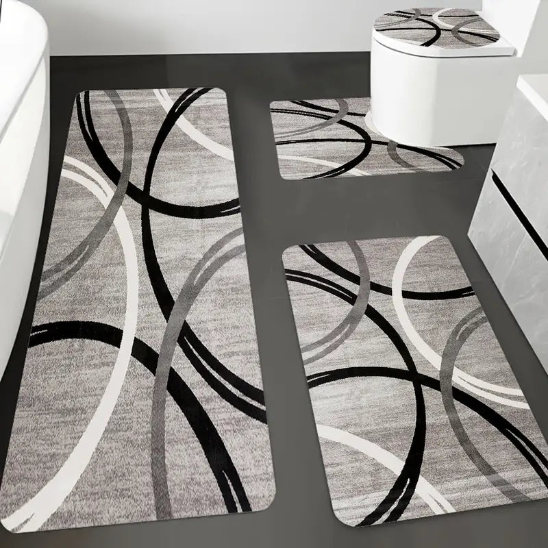 3/4pcs Grey Black White Curved Line Flannel Bathroom Mat Set, Non-Slip Absorbent Bath Rugs, U-Shaped Toilet Cover, Washable Complete Shower Mat Kit