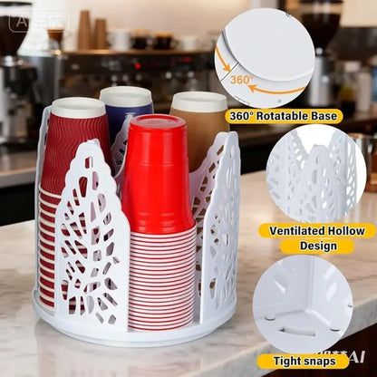 360° Spin Coffee Cup Dispenser, Space-Saving Rotating Kit Organizer for Office Desk,Multifunctional Cup Holder, 1 Count 4 Compartment Cup Dispenser, Space Saving Cup Storage Rack, Cup Organizer Suitable for Stacking 10oz, 12oz, 16oz Cups & Lids