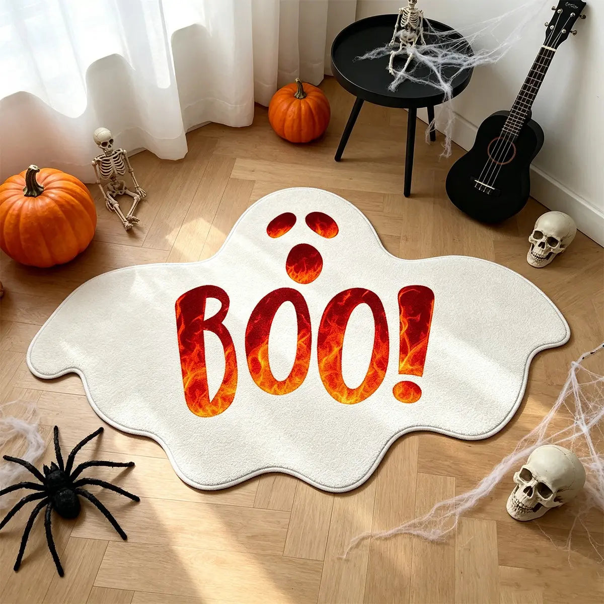 1pc Halloween Bathroom Rug - BOO Flame Letter Cute Ghost Mat, Irregular Shape, Soft and Comfortable Non-Slip Mat, Machine Washable, Halloween Decor Rug, Halloween Gift, Bedroom Bedside Mat, Halloween Atmosphere Home Decor
