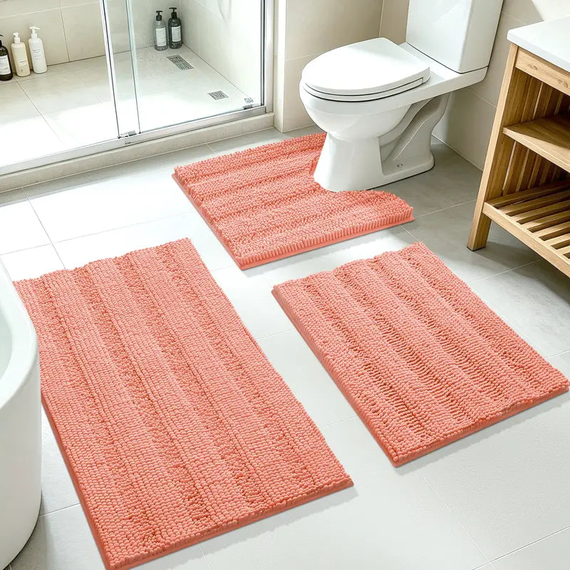 ACCUMTEK 3-Piece Soft Striped Rectangle Chenille Bathroom Rug Set - Stays Put PVC Grip, Absorbent, Plush Texture Shaggy Weave, Machine Washable for Easy Upkeep, Bathroom Accessory, High Pile