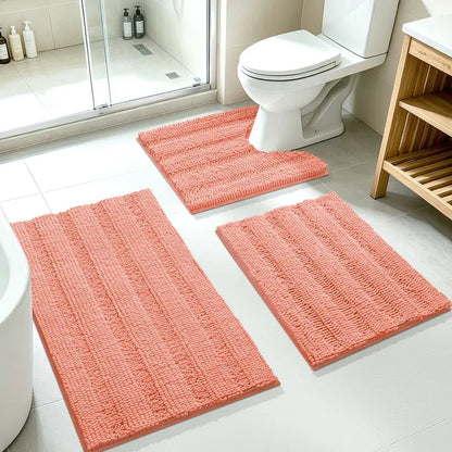 ACCUMTEK 3-Piece Soft Striped Rectangle Chenille Bathroom Rug Set - Stays Put PVC Grip, Absorbent, Plush Texture Shaggy Weave, Machine Washable for Easy Upkeep, Bathroom Accessory, High Pile