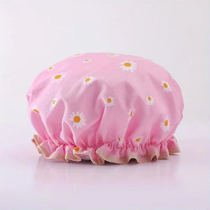 Women's Reusable Double-Layer Floral Shower Cap - Adult, One Size, Adjustable Daisy-Print Bonnet with Elastic Band for Hair Protection, Spa Use
