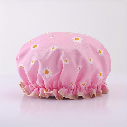 Women's Reusable Double-Layer Floral Shower Cap - Adult, One Size, Adjustable Daisy-Print Bonnet with Elastic Band for Hair Protection, Spa Use