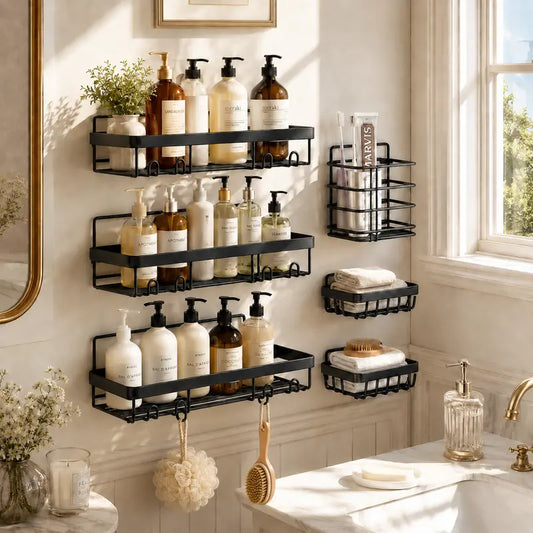 PHANCIR 5 PCS Corner Shower Caddy, No Drilling Stainless Steel Shower Storage Rack with Hooks & Toothpaste Holder for Bathroom, Black